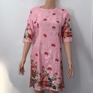 Robert Kitchen L 100% Silk Floral Jacquard Ao Dai Tunic Oriental Floral Chic